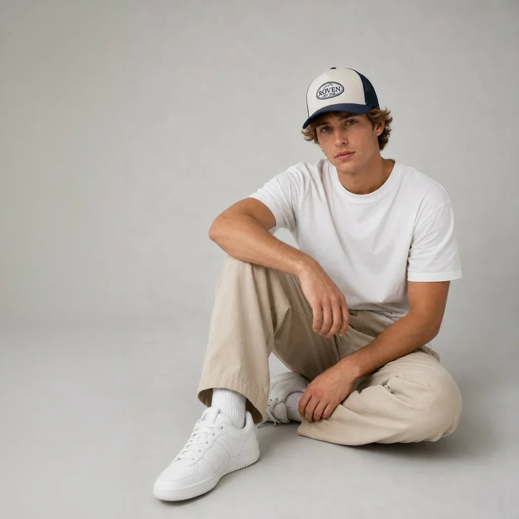 ROVEN Trucker Cap in Navy, von einem Model getragen