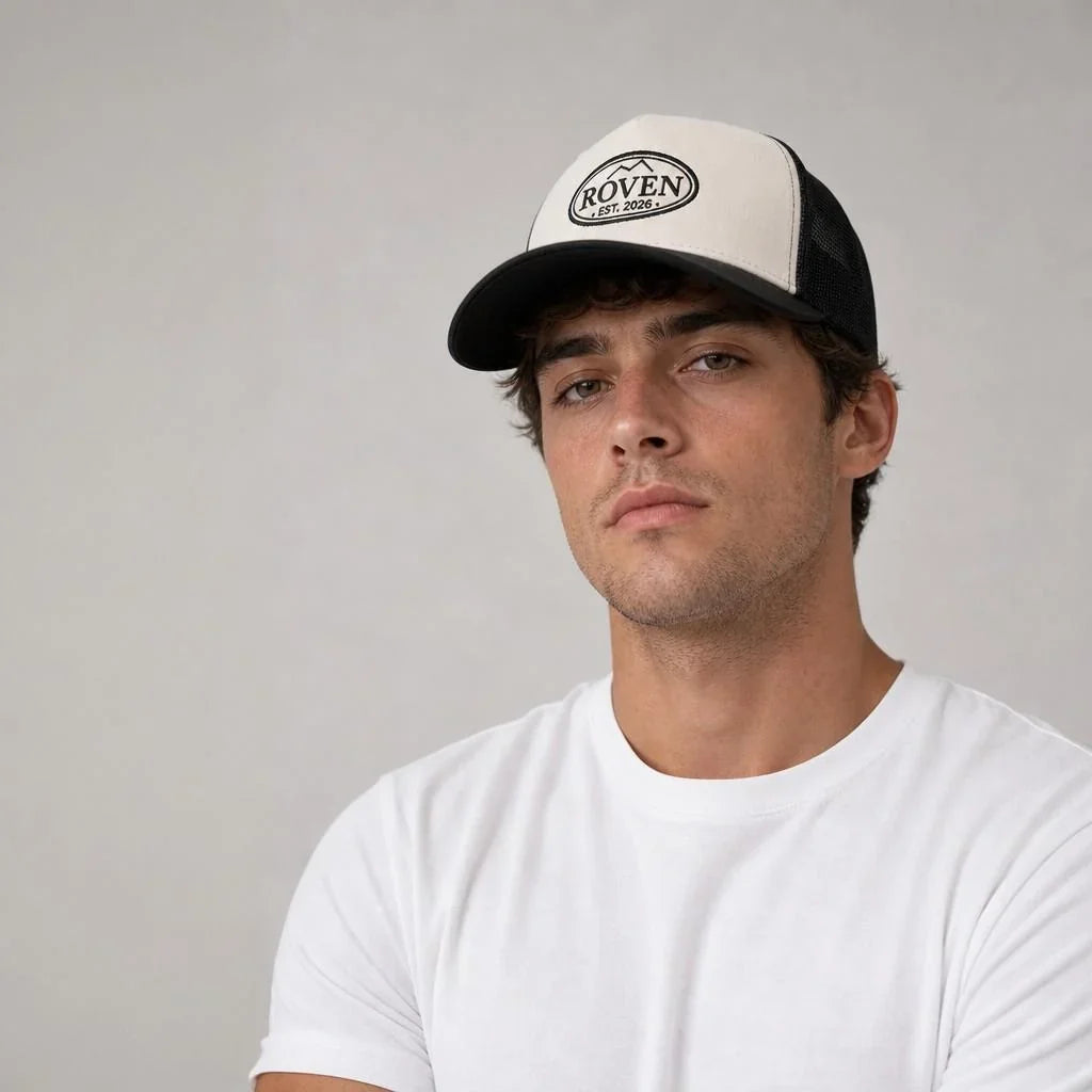 ROVEN Trucker Cap in Schwarz, von einem Model getragen