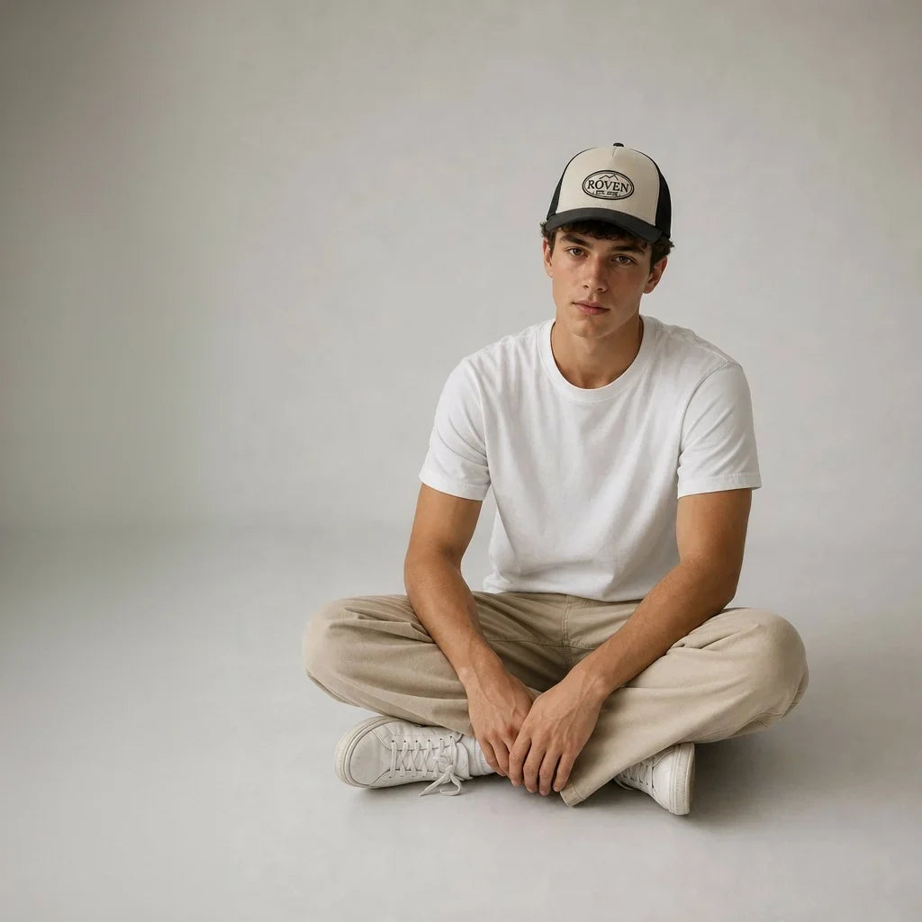 ROVEN Trucker Cap in Schwarz, von einem Model getragen